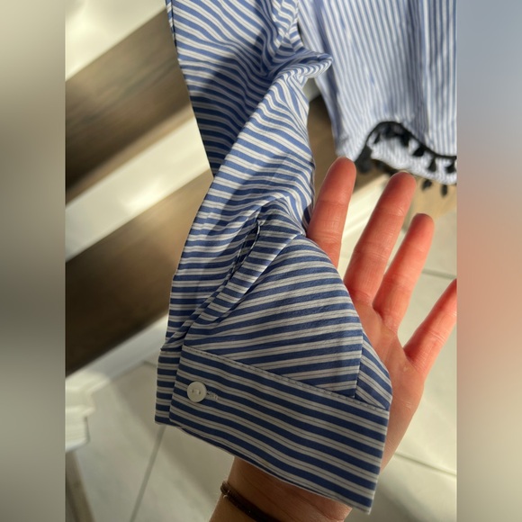Zara Woman Blue & White Striped Button-Down Shirt w/ Black Tassel Hem – Size XS - Picture 4 of 7